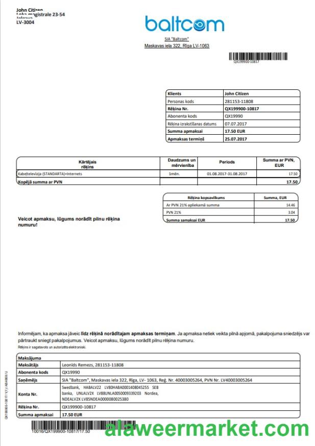 Latvia Baltcom telecommunications utility bill template in Word and PDF format (Latvian version)